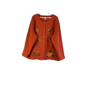 Vintage 90s Fleece Fall Leaves Pumpkins Cardigan Sweatshirt Jacket